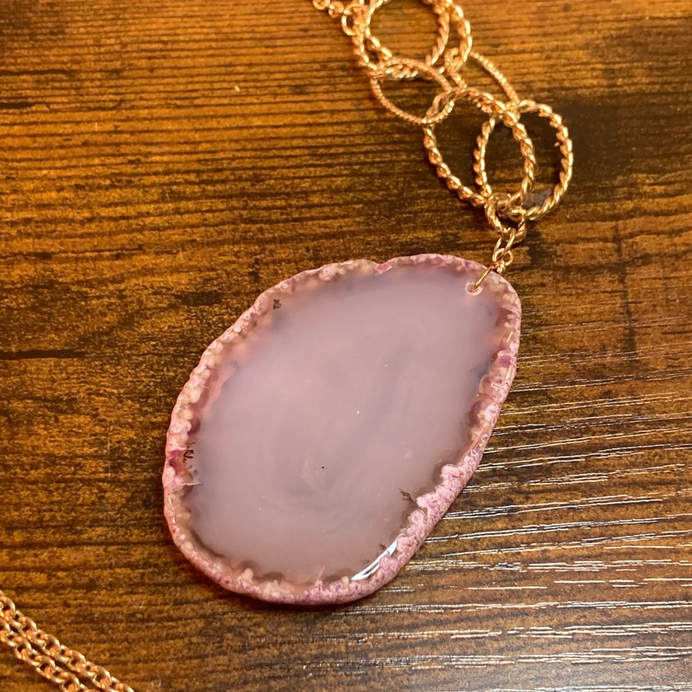 Pink Agate Slice Pendant Necklace Gold Tone Long Mixed Link Chain Boho Statement